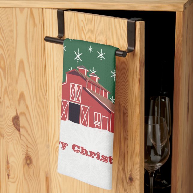 Western Farm Ranch Red Barn Christmas  Tea Towel (Thirds Fold)