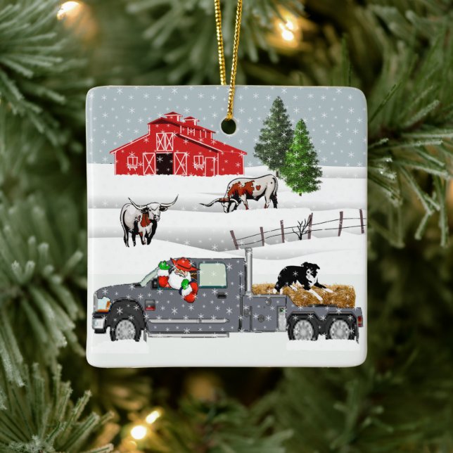 Western Farm Ranch Santa Cattle and Dog Ceramic Ornament (Tree)