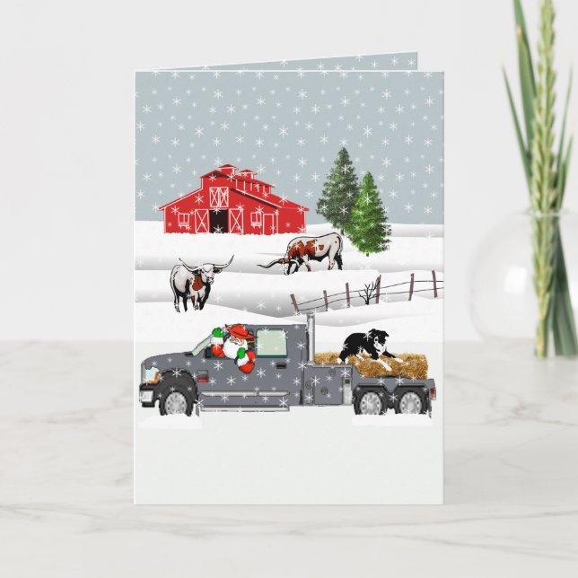 Western Farm Ranch Santa Cattle and Dog Christmas Card (Front)