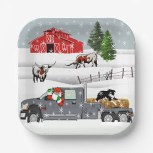 Western Farm Ranch Santa Cattle and Dog Paper Plate
