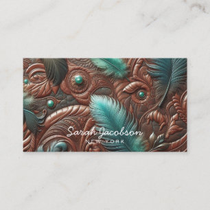 Western Faux Brown Leather Tooled Teal Feathers  Business Card