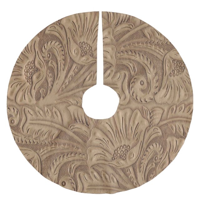 Western Faux Tooled Leather Print Brown Brushed Polyester Tree Skirt (Front)