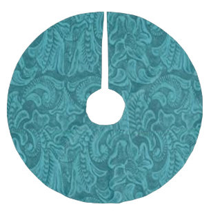 Western Faux Tooled Leather Print Teal Brushed Polyester Tree Skirt