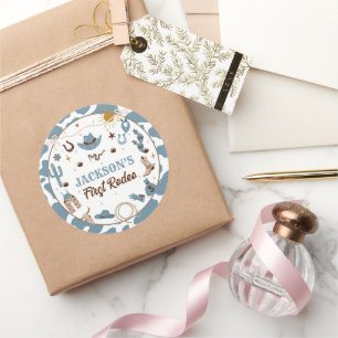 Western First Rodeo Boy 1st Birthday Blue Classic Round Sticker