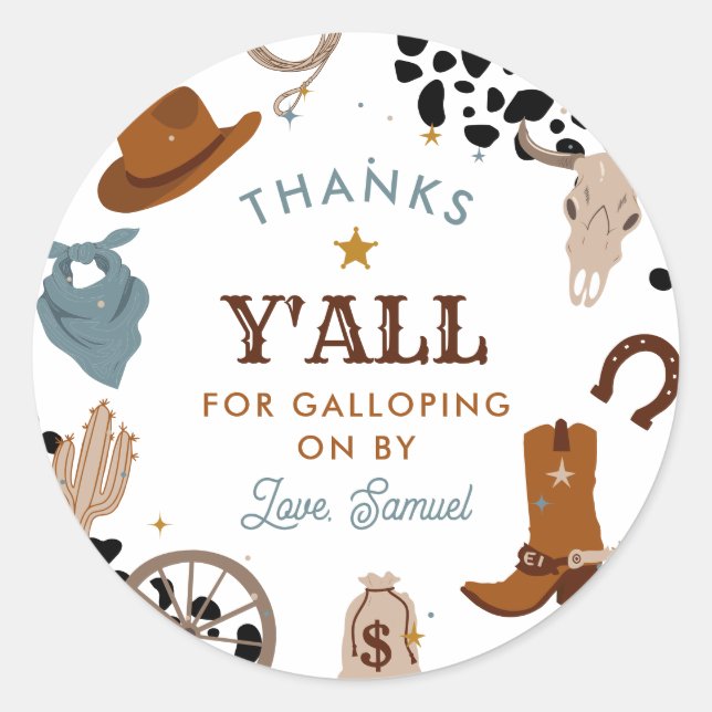 Western First Rodeo Boy First Birthday Thank You Classic Round Sticker (Front)