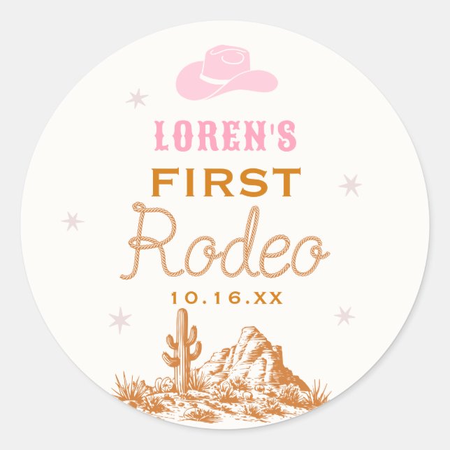 Western First Rodeo Cowgirl 1st Birthday Classic Round Sticker (Front)