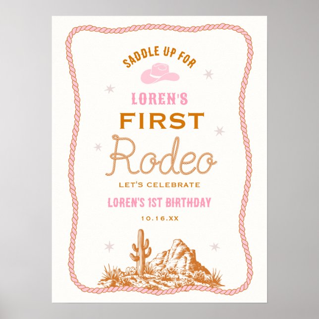Western First Rodeo Cowgirl 1st Birthday Welcome Poster (Front)