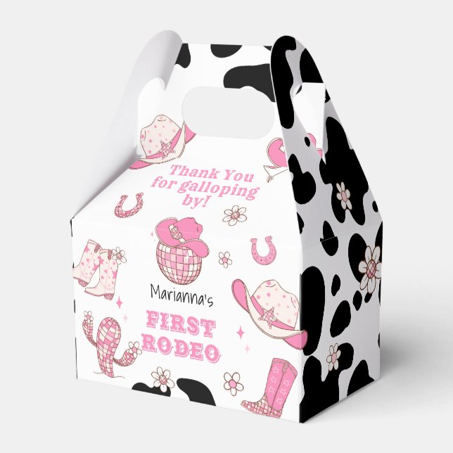 Western First Rodeo Cowgirl pink Birthday party Favour Box (Front Side)