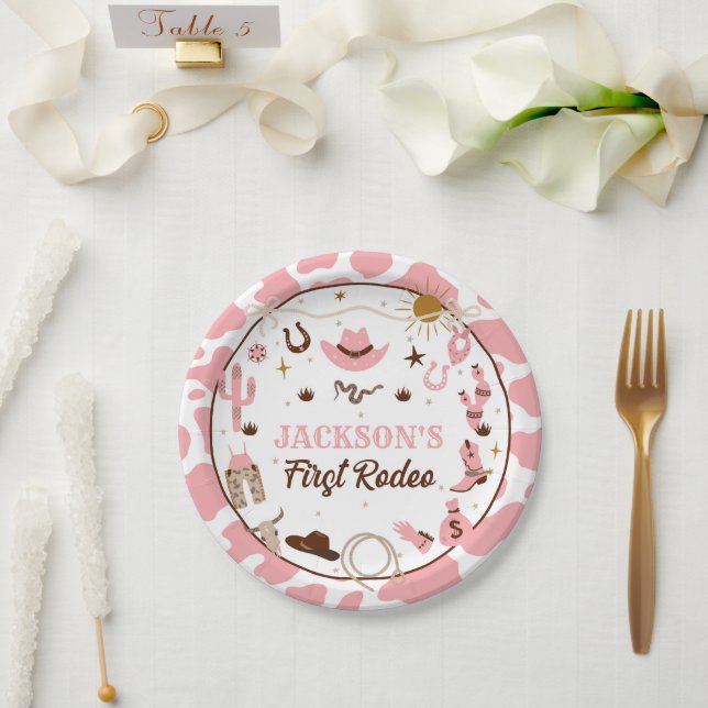 Western First Rodeo Girl 1st Birthday Pink Paper Plate (Wedding)