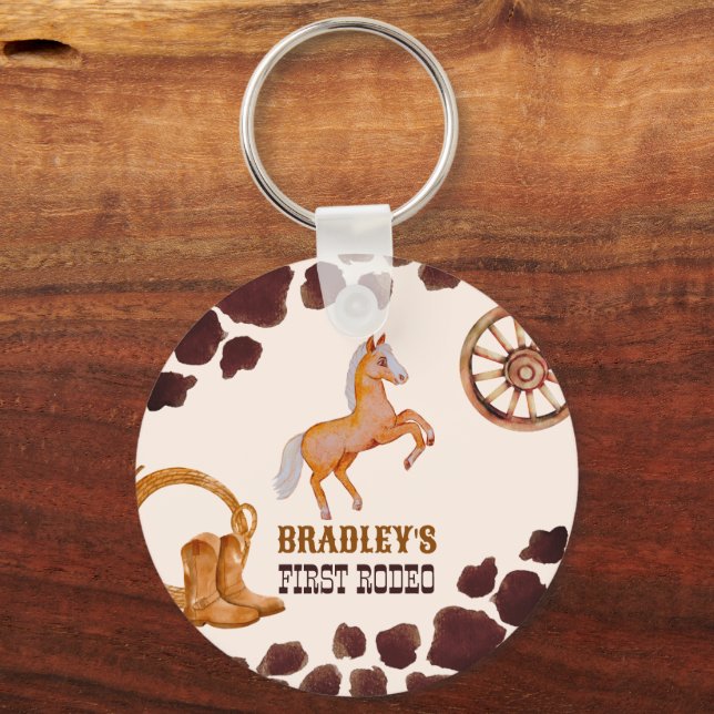 Western first rodeo saddle up horse birthday favor key ring (Front)