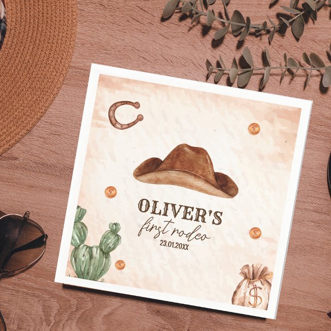 Western First Rodeo Wild West Cowboy 1st Birthday Napkin (Creator Uploaded)
