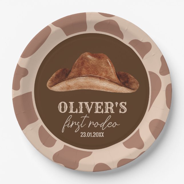 Western First Rodeo Wild West Cowboy 1st Birthday Paper Plate (Front)