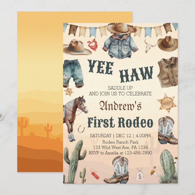 Western First Rodeo Wild West Cowboy Birthday Invitation (Front/Back)