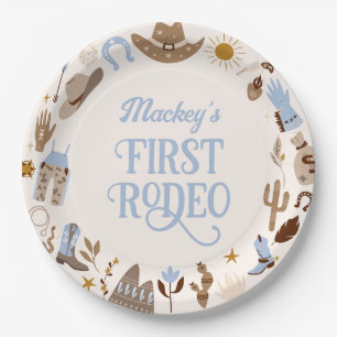 Western First Rodeo Wild West Cowboy Blue Birthday Paper Plate