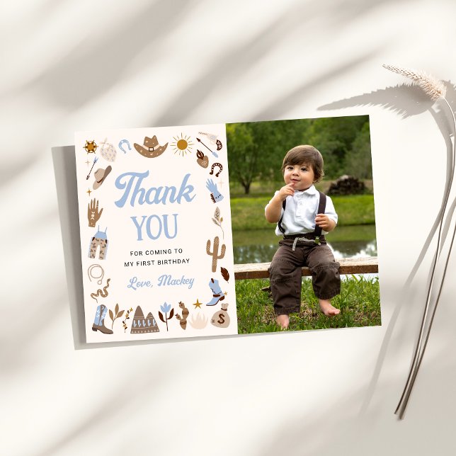 Western First Rodeo Wild West Cowboy Blue Birthday Thank You Card (Creator Uploaded)