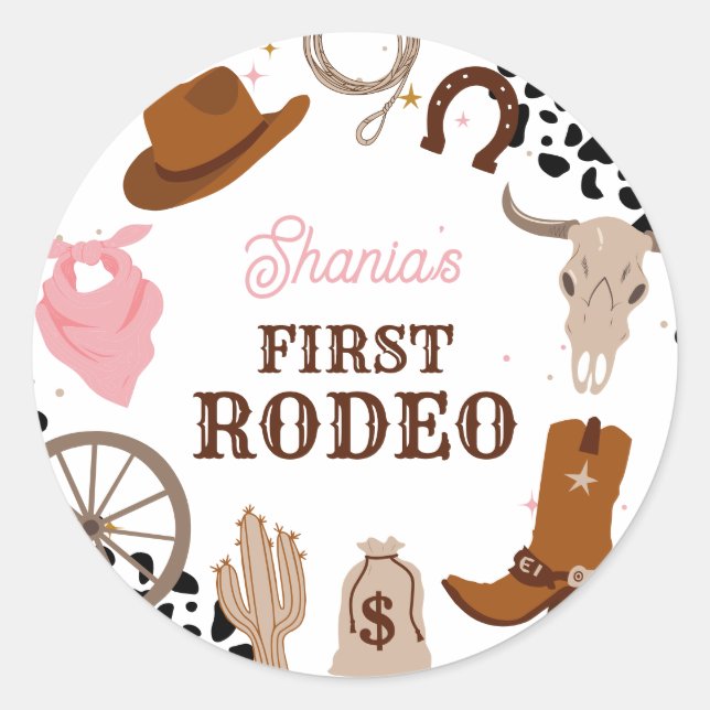 Western First Rodeo Wild West Girl First Birthday Classic Round Sticker (Front)