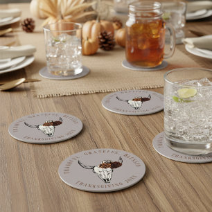 Western Floral Cow Skull Taupe Grey Thanksgiving Round Paper Coaster