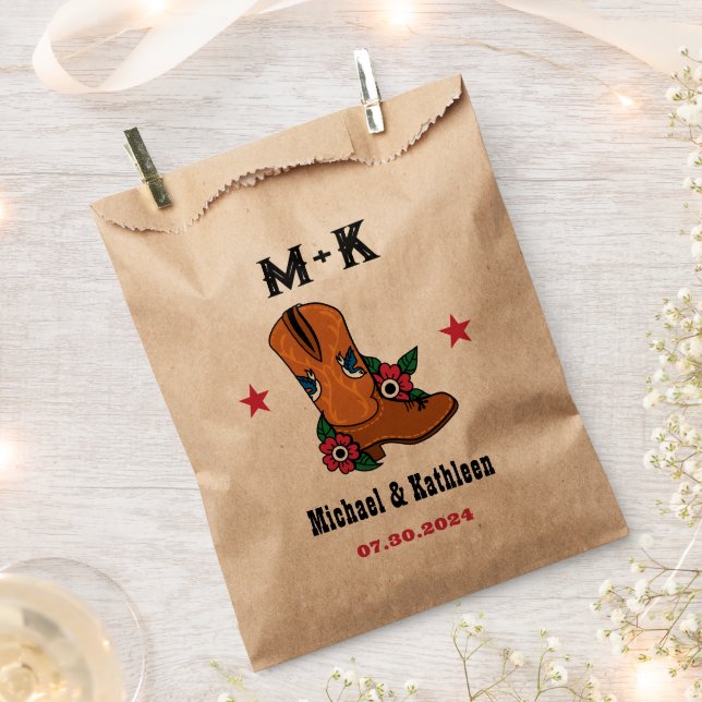 Western Floral Cowboy Boot Boho Country Wedding Favour Bags (Clipped)