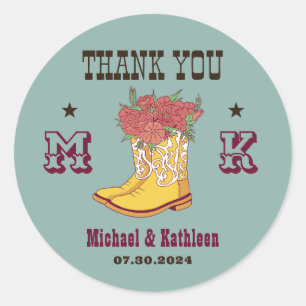Western Floral Cowboy Boot Monogram Rustic Wedding Classic Round Sticker