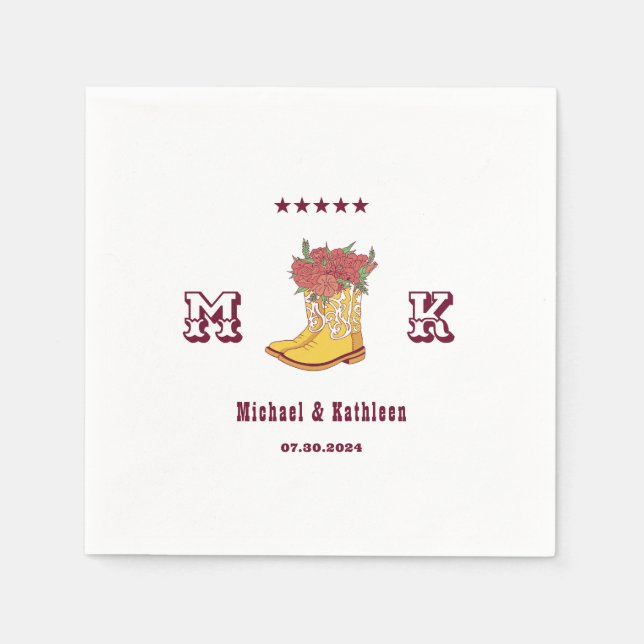 Western Floral Cowboy Boot Monogram Rustic Wedding Napkin (Front)