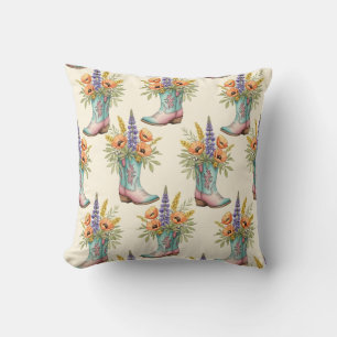 Western Floral Cowboy Boot Teal & Pink Cushion