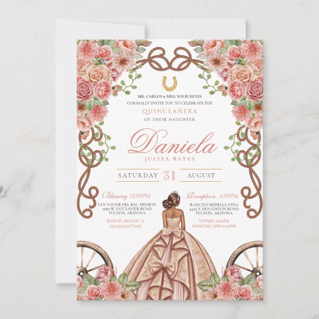  Western Floral Rose Gold Charro Quinceanera Invitation (Front)