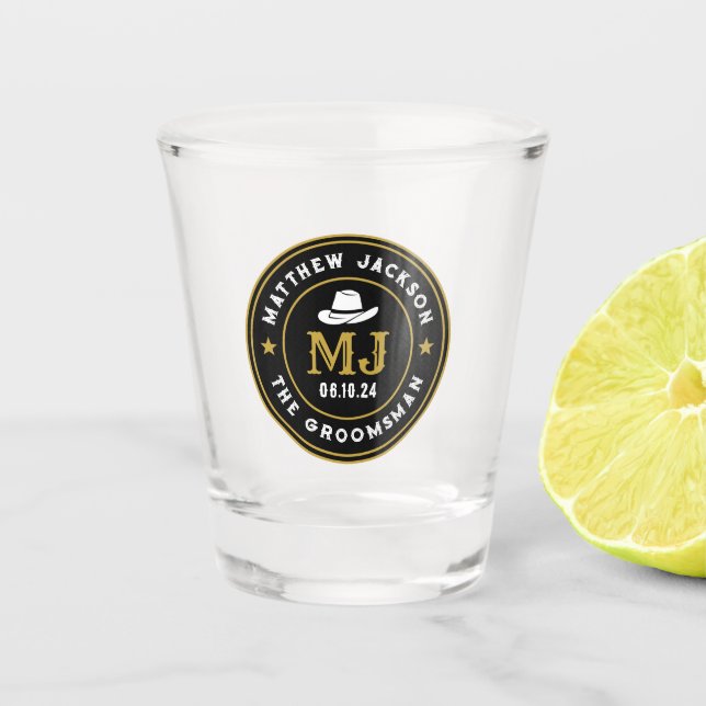 Western Frontier Retro Logo Personalised Groomsmen Shot Glass (Front)