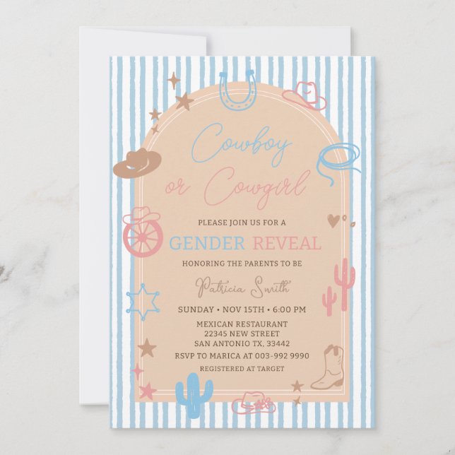Western Gender Reveal Cowboy or Cowgirl Stripe Invitation (Front)