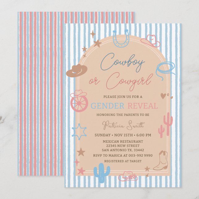 Western Gender Reveal Cowboy or Cowgirl Stripe Invitation (Front/Back)