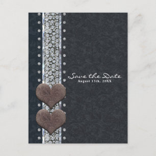 Western Glam Black Leather & Diamond Save the Date Announcement Postcard