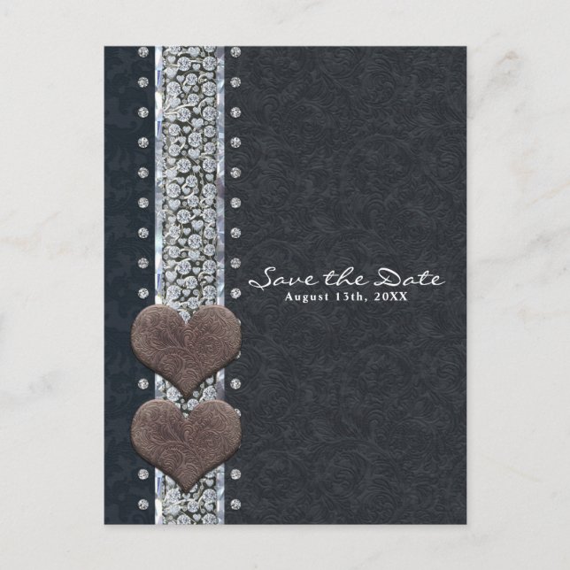 Western Glam Black Leather & Diamond Save the Date Announcement Postcard (Front)