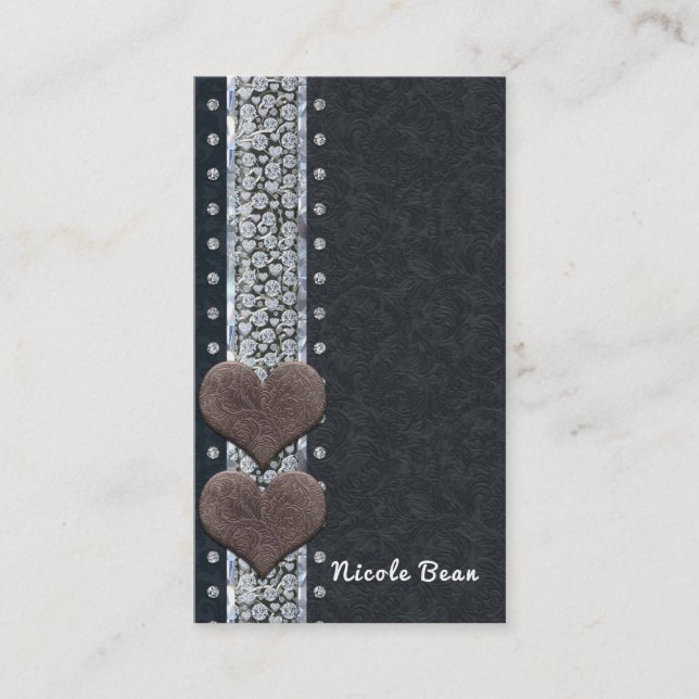 Western Glam Black Leather & Diamonds Bling Custom Business Card (Front)
