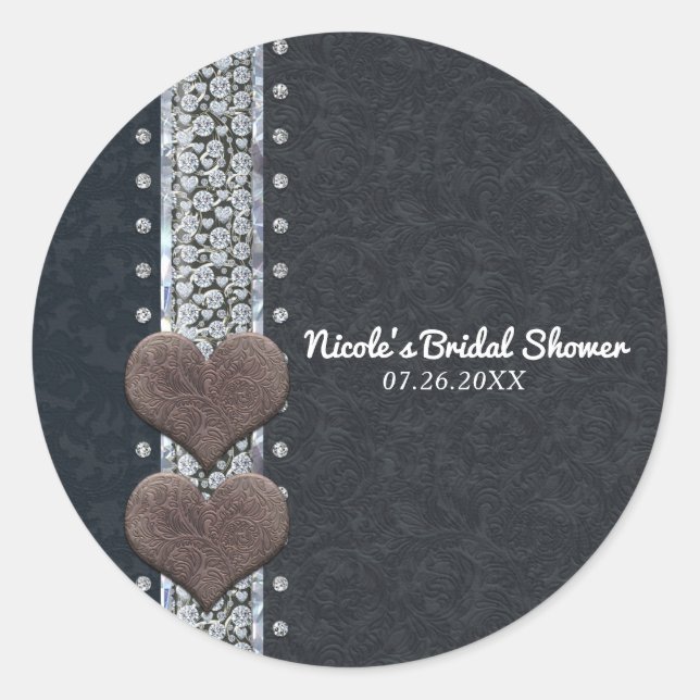 Western Glam Black Leather & Diamonds Bling Favour Classic Round Sticker (Front)