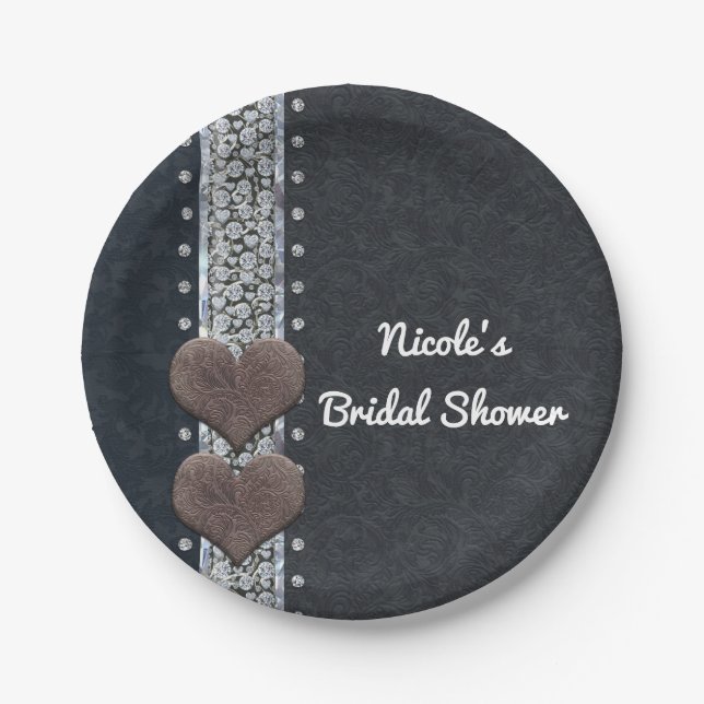 Western Glam Black Leather & Diamonds Bling Party Paper Plate (Front)