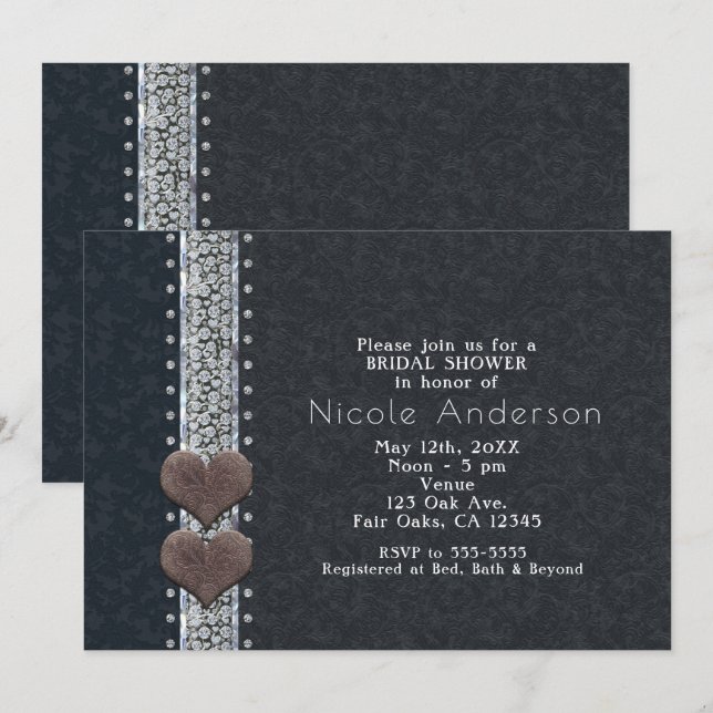 Western Glam Black Leather & Diamonds Invitations (Front/Back)
