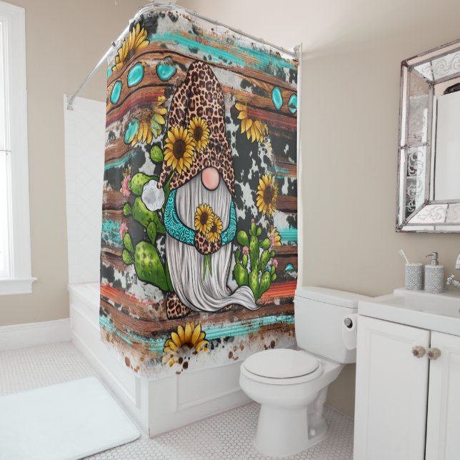 Western Gnome Sunflowers Turquoise Stones Shower Curtain (In Situ)