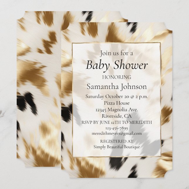 Western Gold Black White Cream Cowhide  Invitation (Front/Back)