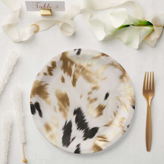 Western Gold Black White Cream Cowhide Paper Plate (Wedding)