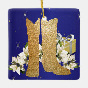 Western Gold Cowboy Boots Christmas Ceramic Ornament
