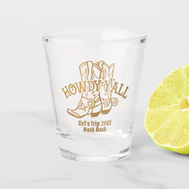 Western Gold Cowboy Boots Howdy Y'all Shot Glass (Front)