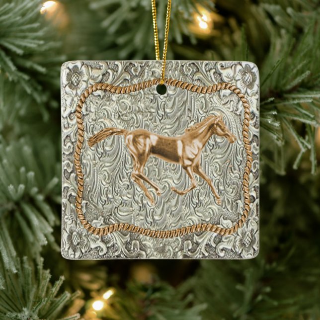 Western Gold Horse Belt Buckle Ceramic Ornament (Tree)