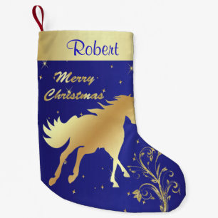 Western Gold Horse On BLue Background Small Christmas Stocking
