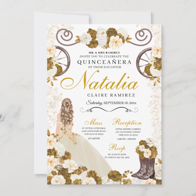 Western Gold & Ivory Princess Cowgirl Quinceanera Invitation (Front)