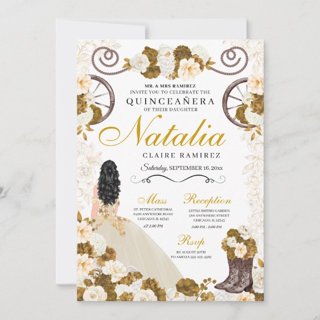Western Gold & Ivory Princess Cowgirl Quinceanera Invitation (Front)
