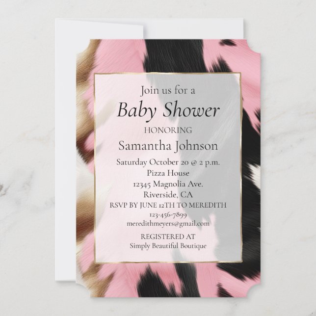Western Gold Pink Black Cream Cowgirl Cowhide  Invitation (Front)