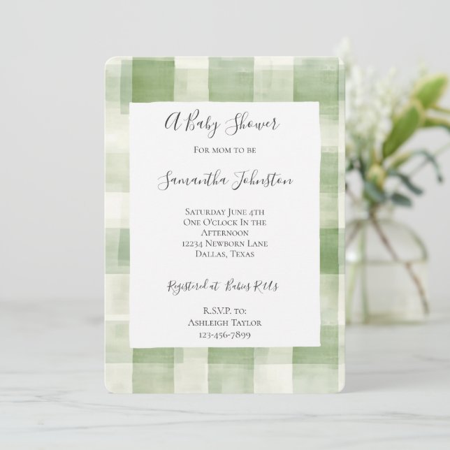 Western Green Cream Plaid Stripes Chic Baby Shower Invitation (Standing Front)