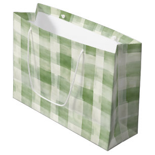 Western Green Cream Plaid Stripes Christmas Large Gift Bag