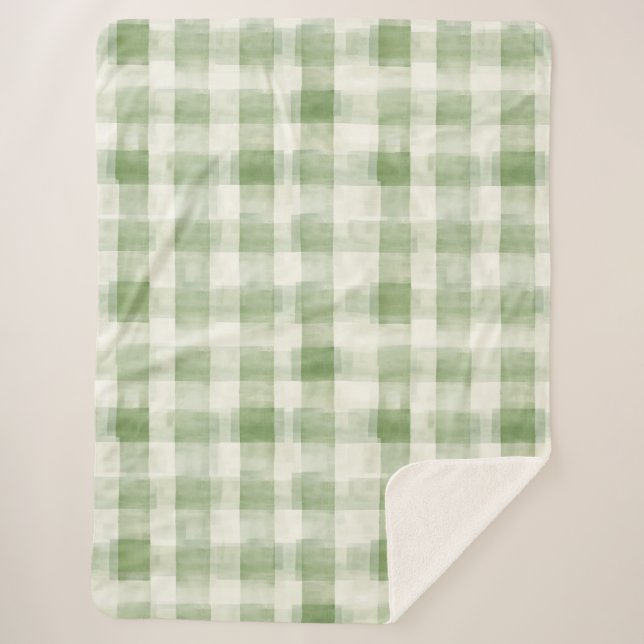 Western Green Cream Plaid Stripes Christmas Sherpa Blanket (Front)