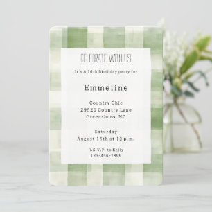 Western Green Cream Plaid Stripes Country Birthday Invitation