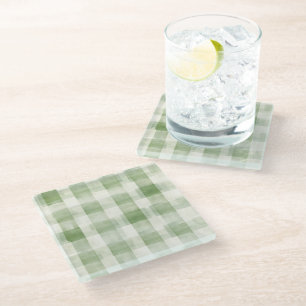 Western Green Cream Plaid Stripes Country   Glass Coaster